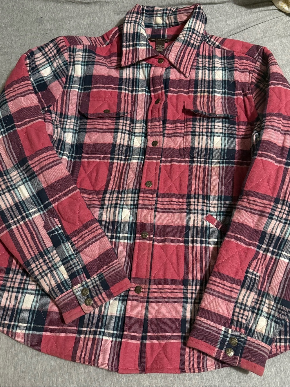 Bit & Bridle Quilted Pink Plaid Shirt Jacket with Navy & Cream